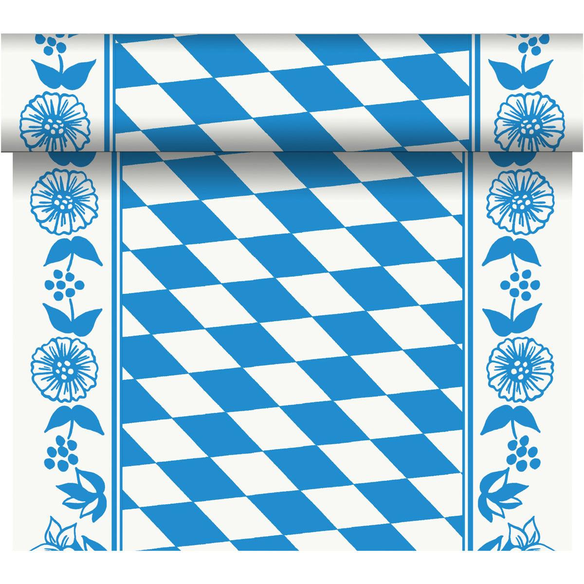 The Dunicel table runner Tête-à-Tête (24 m x 0.4 m, 20 sections) by Duni GmbH features a blue-white diamond pattern with floral borders and a rolled edge for elegant table decoration.