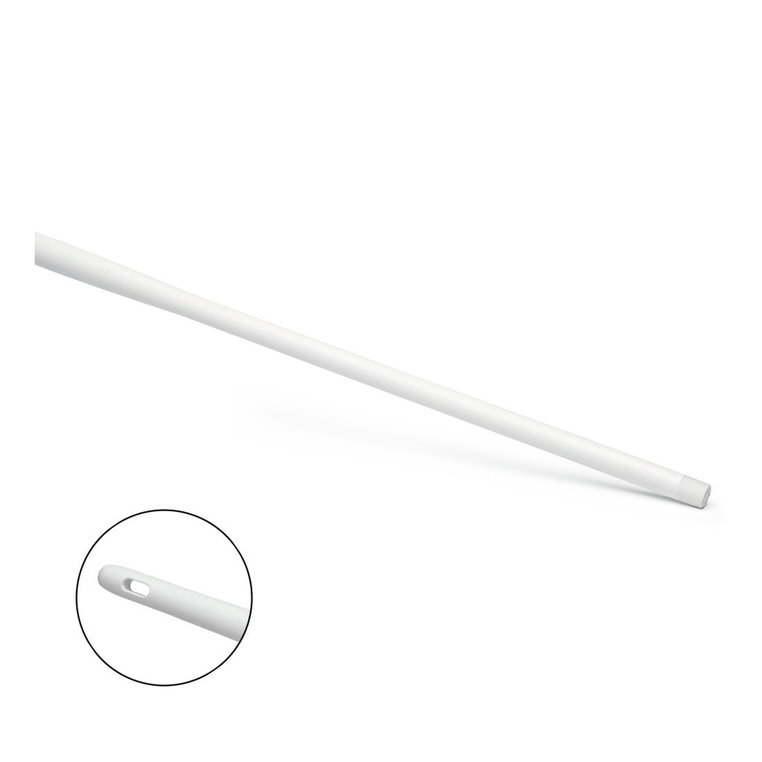The Nölle Profi Brush HACCP Ergo Handle Plastic 145 cm from Nölle Profi Brush Brush & Paint Technique e.K. is a white plastic handle with an ergonomic design and beveled tip. The close-up shows the oval hole at the end of the handle against a plain white background.
