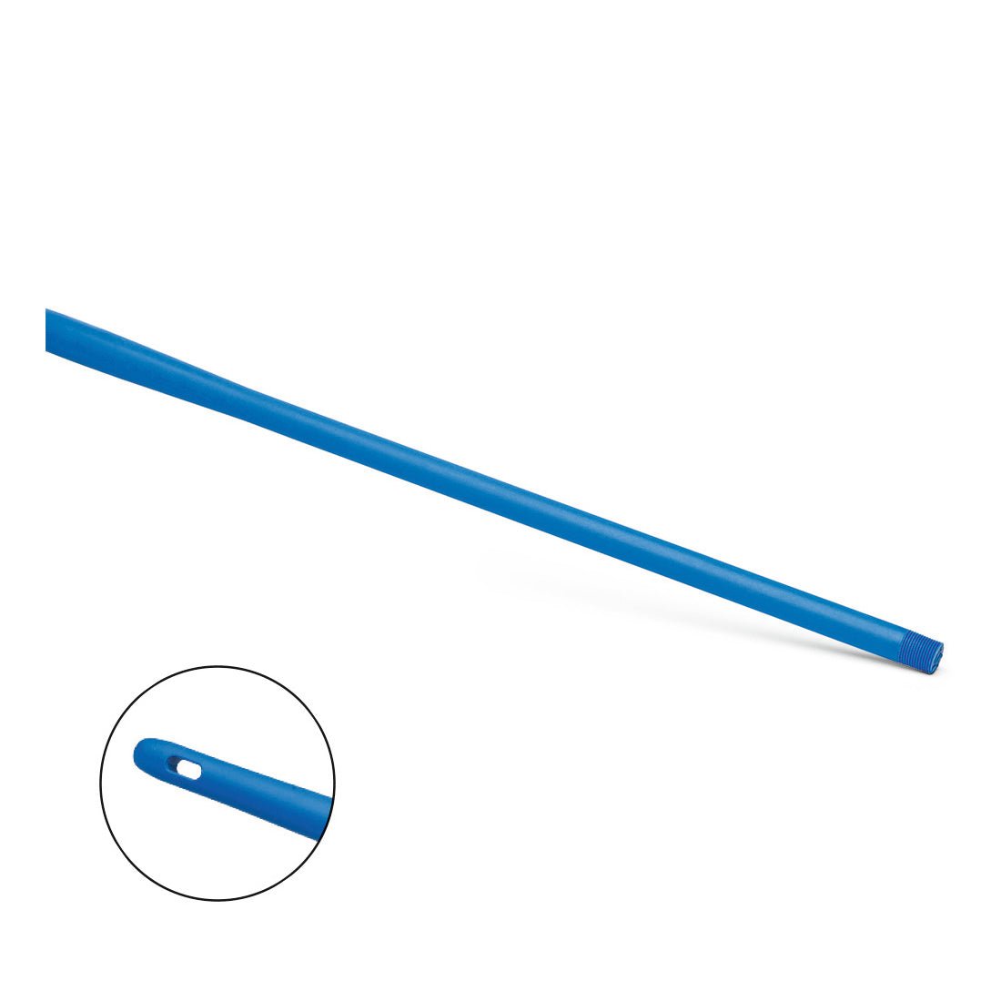 The Nölle Profi Brush HACCP Ergo Handle Plastic 145 cm from Nölle Profi Brush Brush & Paint Technique e.K. is depicted at an angle on a white background, with a close-up of the hanging hole - perfect for ergonomic use in professional cleaning.