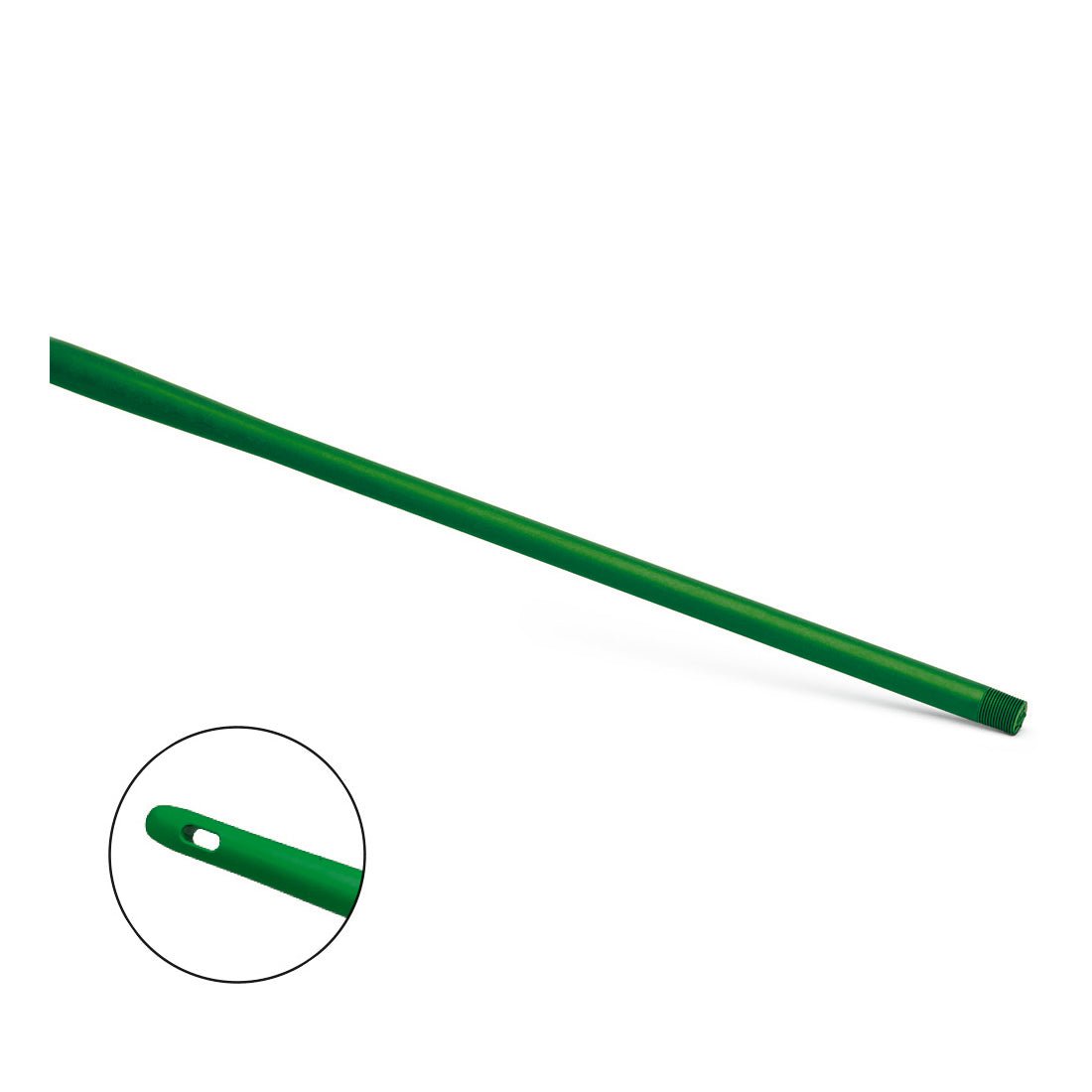 The Nölle Profi Brush HACCP Ergo Handle Plastic 145 cm handle by Nölle Profi Brush Brushes & Paintbrush Technology e.K. in green is equipped with a metal thread and a small hole near the end for hanging, which supports hygienic storage and work.