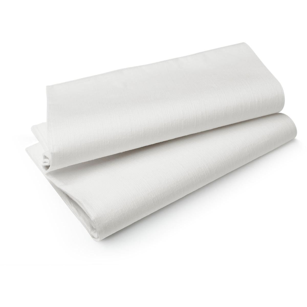 Two folded Evolin tablecloths 84x84 cm, white by Duni GmbH (pack of 84 pieces) are placed on a plain white background. The high-quality tablecloth looks smooth and clean.