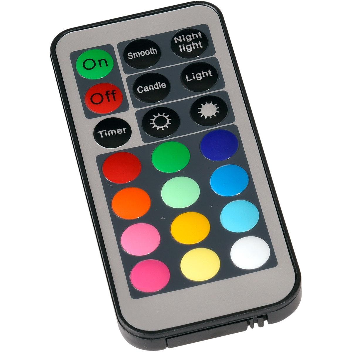 Der Auslaufartikel: LED-Fernbedienung (40 x 85 mm, mehrfarbig) von Duni GmbH verfügt über Tasten für An, Aus, Timer, Glatt, Nachtlicht, Kerze und Licht sowie zwölf mehrfarbige Tasten zur Steuerung von LED-Beleuchtung mit Farbwechseleffekten.