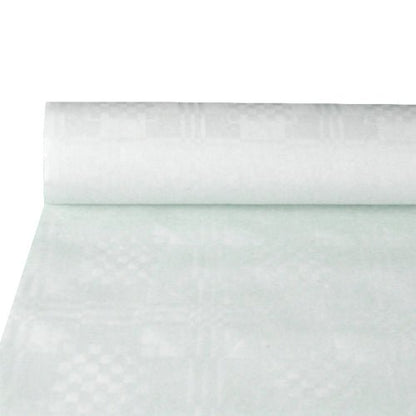 A partially unrolled roll of PAPSTAR GmbH paper tablecloth with damask embossing, white (10 m x 1.2 m), highlights the elegant structure - ideal for the stylishly set table. The simple background draws attention to the high-quality damask embossing.