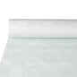 A partially unrolled roll of PAPSTAR GmbH paper tablecloth with damask embossing, white (10 m x 1.2 m), highlights the elegant structure - ideal for the stylishly set table. The simple background draws attention to the high-quality damask embossing.