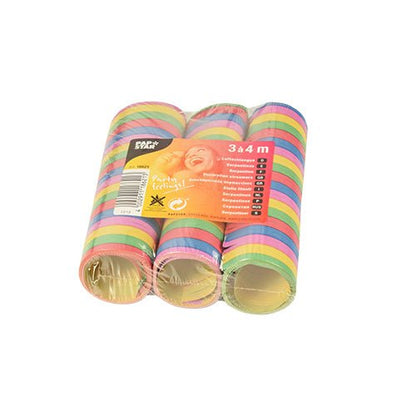 The four party streamers 3 streamers 4m from PAPSTAR GmbH are packed in a foil-wrapped package with an orange label with product details and a smiling child – perfect for high-quality decoration!.