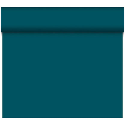 The Dunicel table runner Tête-à-Tête 24 m x 0.4 m (20 sections) by Duni GmbH in teal is partially unrolled on a white background - ideal for stylish table decorations or elegant tête-à-tête situations.