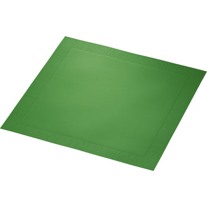 The Duni GmbH classic napkins 40 x 40 cm, 4-ply, embossed 1/4 fold is a simple, square green napkin with a subtle border pattern, lying flat on a white surface.