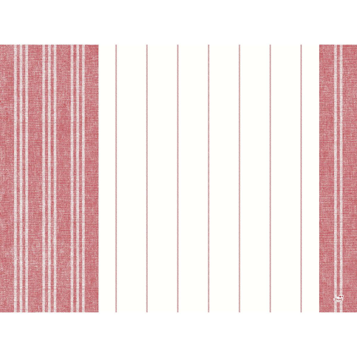 The Dunicel placemats 30 x 40 cm towel red from Duni GmbH (pack of 100) are a stylish choice for your table with two wide red and white vertical bands on the sides and thin red lines on a white center.