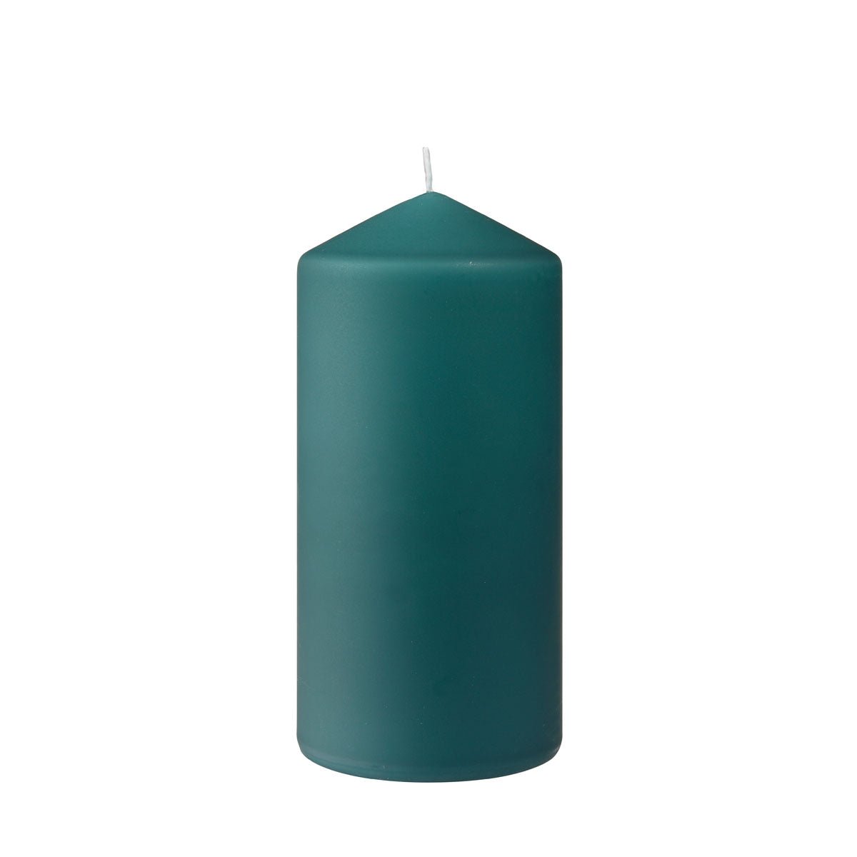 A cylindrical, dark green pillar candle from Duni GmbH (150 x 70 mm) with a tapered tip and a white wick on a white background. Provides approximately 50 hours of burn time for a long-lasting ambiance.