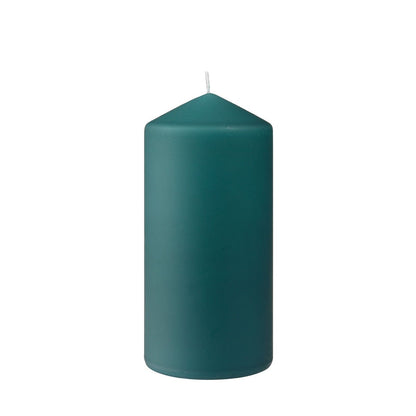 A cylindrical, dark green pillar candle from Duni GmbH (150 x 70 mm) with a tapered tip and a white wick on a white background. Provides approximately 50 hours of burn time for a long-lasting ambiance.