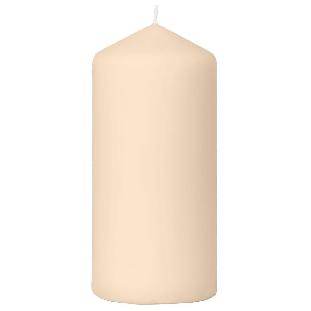 Duni GmbH pillar candles (150 x 70 mm) are shown unlit against a white background, with a rounded tip and visible wick, and offer up to 50 hours of burn time for long-lasting elegance.