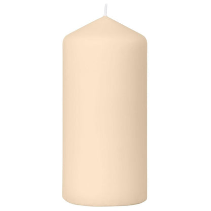 Duni GmbH pillar candles (150 x 70 mm) are shown unlit against a white background, with a rounded tip and visible wick, and offer up to 50 hours of burn time for long-lasting elegance.