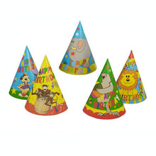 The PAPSTAR 5 hats from PAPSTAR GmbH consist of five colorful, cone-shaped birthday hats with the inscription "Happy Birthday" and comic animals like monkey, elephant, and lion in colorful designs, arranged on a white background.
