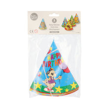 The PAPSTAR 5 hats from PAPSTAR GmbH include five cone-shaped birthday hats with comic animals, balloons, and "Happy Birthday" motifs, packaged in transparent plastic.