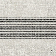 Die Zelltuchservietten der Duni GmbH (40 x 40 cm, 3-lagig, 1/4 Falz) haben einen hellbeigen Hintergrund mit mehreren schwarzen Querstreifen. Mit einem kleinen Schriftzug unten rechts. Erhältlich in 250er-Packungen als Cocina schwarz.