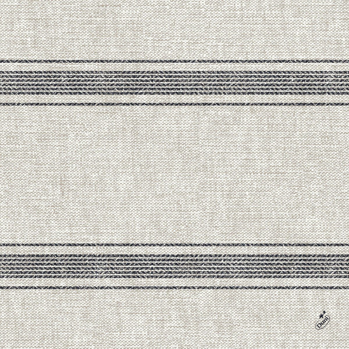 The Duni GmbH classic napkins 40 x 40 cm, 4-ply, embossed 1/4 fold is a beige napkin with a woven texture, two sets of three dark gray stripes, and a small logo in the lower right corner.