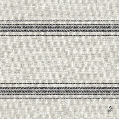 The Duni GmbH classic napkins 40 x 40 cm, 4-ply, embossed 1/4 fold is a beige napkin with a woven texture, two sets of three dark gray stripes, and a small logo in the lower right corner.