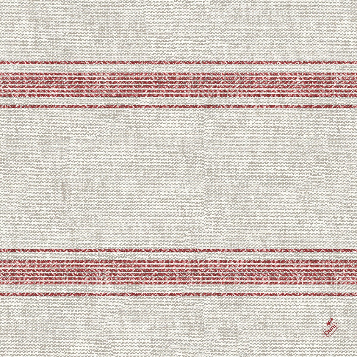 The Duni GmbH classic napkins 40 x 40 cm have a beige woven pattern, two parallel red cross stripes, and a small red embroidery in the lower right corner. The pattern is simple and symmetrical.