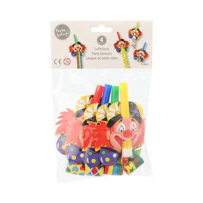 The PAPSTAR party horns "Clowngesicht" (4 pieces) from PAPSTAR GmbH come in a transparent bag with colorful, funny clown faces - ideal as party accessories for any children's party.