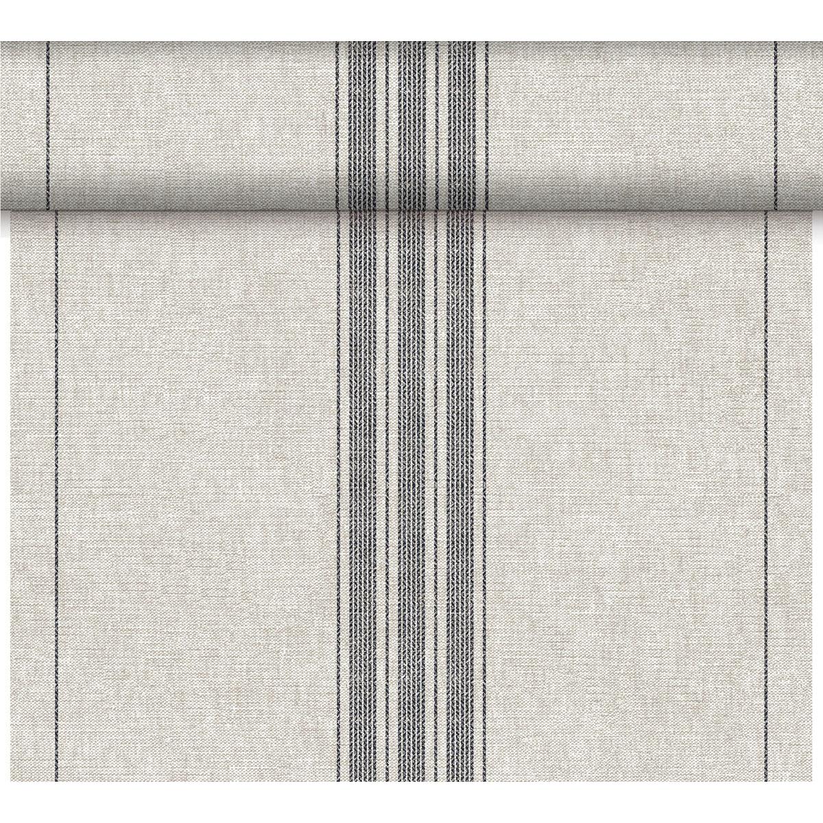 The Dunicel table runner Tête-à-Tête by Duni GmbH (24 m x 0.4 m, 20 parts) is in light gray with a textured surface and three narrow black stripes - ideal for elegant table decorations or stylish tête-à-tête situations.
