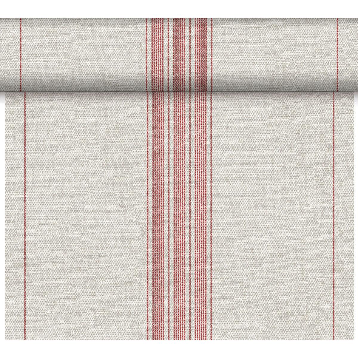 The Dunicel table runner Tête-à-Tête by Duni GmbH (24 m x 0.4 m, 20 sections) is a light beige runner with a woven texture and symmetrical red stripes - ideal for stylish table decoration.