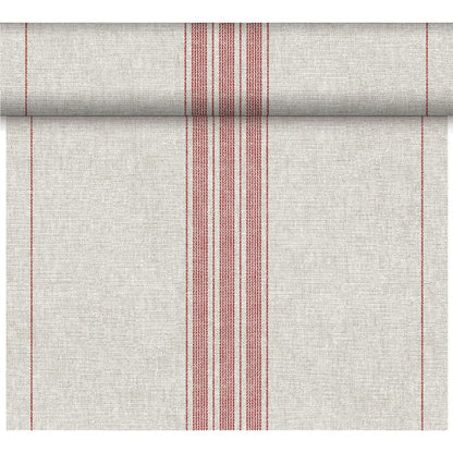 The Dunicel table runner Tête-à-Tête by Duni GmbH (24 m x 0.4 m, 20 sections) is a light beige runner with a woven texture and symmetrical red stripes - ideal for stylish table decoration.