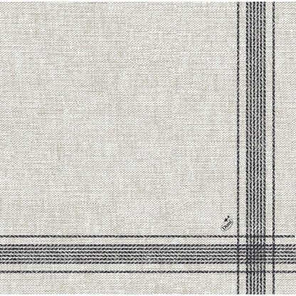 Die beigefarbenen Dunilin-Servietten 40 x 40 cm 1/4 Falz der Duni GmbH sind aus hochwertigem Stoff mit gewebter Struktur und sich kreuzenden schwarzen Gitterlinien an einer Ecke - perfekt für elegante Räume.