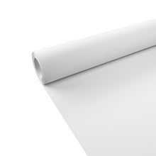 A roll of Duni GmbH paper tablecloth roll 25x1.18 m - White disposable tablecloth is partially unrolled on a white background, with the smooth surface and cylindrical shape seen from an oblique angle.