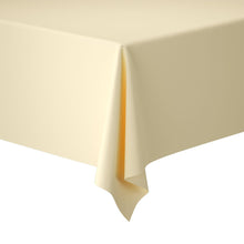 Close-up of a rectangular table corner draped with a Duni GmbH paper tablecloth roll 50x1.18 m (cream-colored). The smooth texture is ideal for an elegant table decoration against a plain white background.