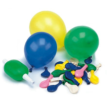 The PAPSTAR GmbH colorful assorted balloon set (Ø 8.5 cm, 50 pieces) with green pump shows three inflated balloons - yellow, blue, and green - and various uninflated party decoration balloons on a white surface.