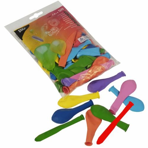 A bag from PAPSTAR GmbH with 50 "color-sorted balloons, various shapes, party decoration | foil" shows several colorful, sorted balloons that are inflated and spread out in front of them.