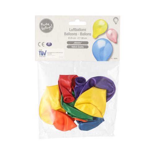 A transparent plastic packaging from PAPSTAR GmbH contains 6 assorted balloons in metallic design (Ø 25 cm) in the colors yellow, red, green, blue, and purple. The label reads "PAPSTAR balloons", "balloons" and the product description.