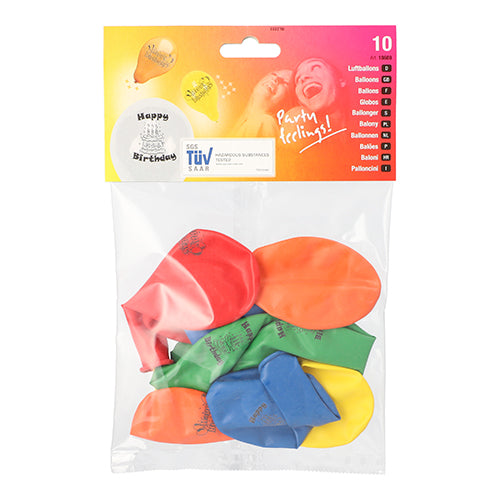 A transparent plastic packaging from PAPSTAR GmbH with 10 colorful "Happy Birthday" balloons (Ø 22 cm). On the bag it says "Party feeling!!!", balloon graphic and quantity (10) - perfect for birthday decoration.