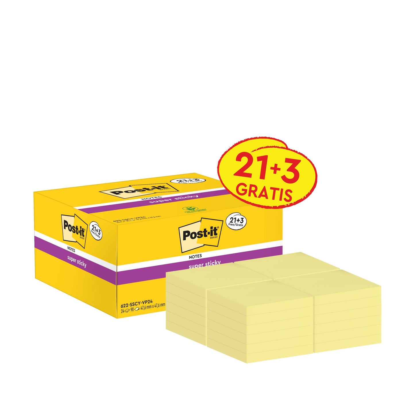 A yellow box of 3M Post-it® Super Sticky Notes, Yellow (47.6 x 47.6 mm), PEFC-certified, with "21+3 Free" label from 3M Deutschland GmbH; in front are several stacks of yellow sticky notes lined up.