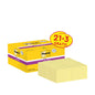 A yellow box of 3M Post-it® Super Sticky Notes, Yellow (47.6 x 47.6 mm), PEFC-certified, with "21+3 Free" label from 3M Deutschland GmbH; in front are several stacks of yellow sticky notes lined up.