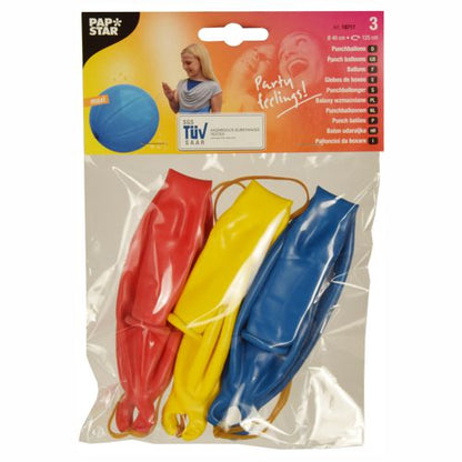 Eine PAPSTAR GmbH Packung mit 3 Stanzluftballons (Ø 40 cm), farblich sortiert, mit Gummibändern in Klarsichtverpackung. Ideal für Partys, wie auf dem Etikett mit einer Frau, die einen blauen Ballon hält, abgebildet.
