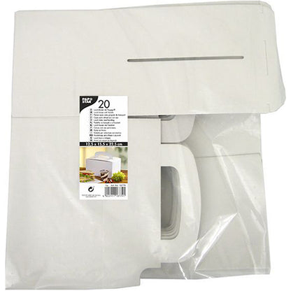 Eine Klarsichtverpackung der PAPSTAR GmbH enthält 20 flache weiße Lunch-Boxen „pure“ aus Pappe (12,5 x 15,5 x 22,5 cm) mit Tragegriff. Das Etikett zeigt Produktinformationen, ein zusammengebautes Kartonbild und hebt umweltfreundliche Pappe hervor.