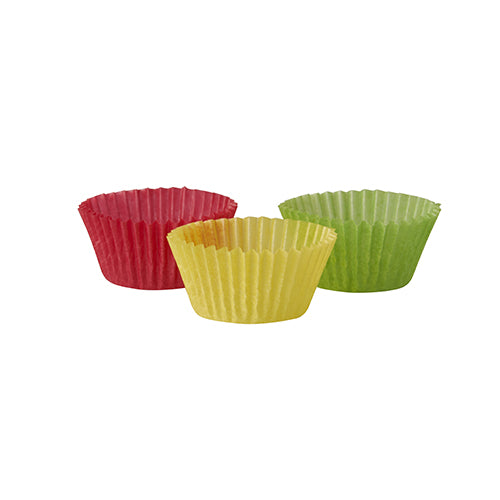 Three empty PAPSTAR baking cups Ø 2.4 cm, color assorted (red, yellow, green) from PAPSTAR GmbH are arranged on a plain white background. The mini muffin baking cups are delivered in a pack of 300 pieces in a folding box.