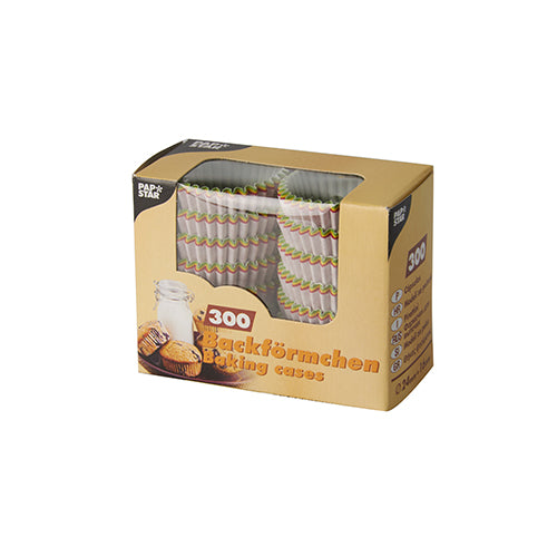 A box with 300 PAPSTAR baking cups Ø 2.4 cm, color assorted, from PAPSTAR GmbH comes in a folding box with a clear window, where colorful baking cups can be seen - ideal for mini muffins or creative baking ideas.