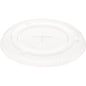 A transparent, round flat lid with cross slot for 188001-2 made from rPET by Duni GmbH with raised edge, smooth surface, and straw opening. Pack (60 pieces). Ideal as sustainable food packaging against a white background.
