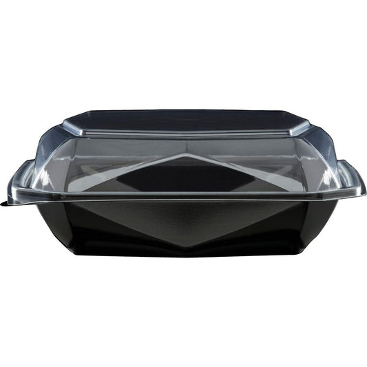 Abgebildet ist ein leerer Octaview® M Schwarz / Transparent APET 185x185x70 Takeout-Behälter der Duni GmbH mit klarem aufgesetzten Deckel auf weißem Hintergrund. Der sicher befestigte Deckel unterstreicht die Verwendung als Lebensmittelverpackung.