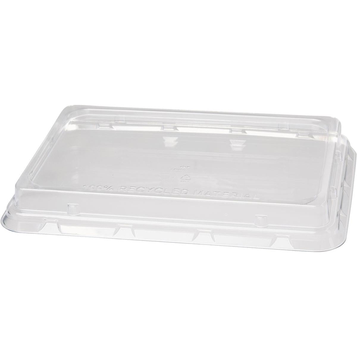 A transparent rPET lid 850/1200 ml from Duni GmbH (239x165x28 mm, pack of 40 pieces) lies on a white background and shows its flat surface with raised edges for a secure closure.