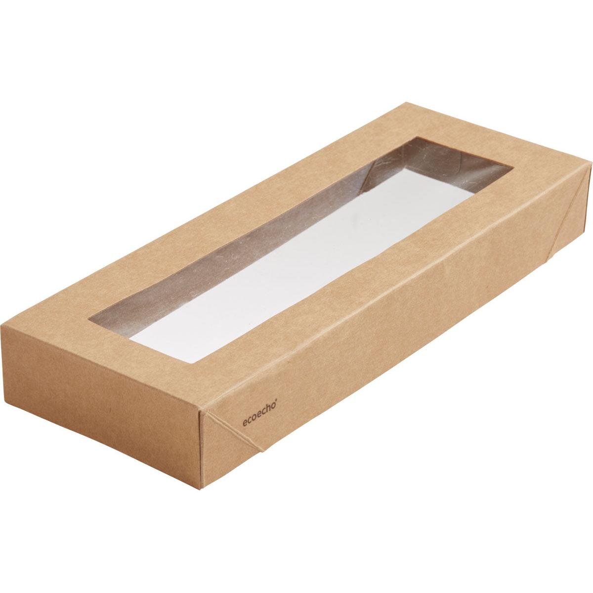 The Viking Slim Brick lid from Duni GmbH is a brown cardboard box (225x85x30 mm) with a PLA window on the top for better visibility. This eco-friendly packaging is simple, minimally labeled, and has neatly folded corners. Packaging: 300 pieces.