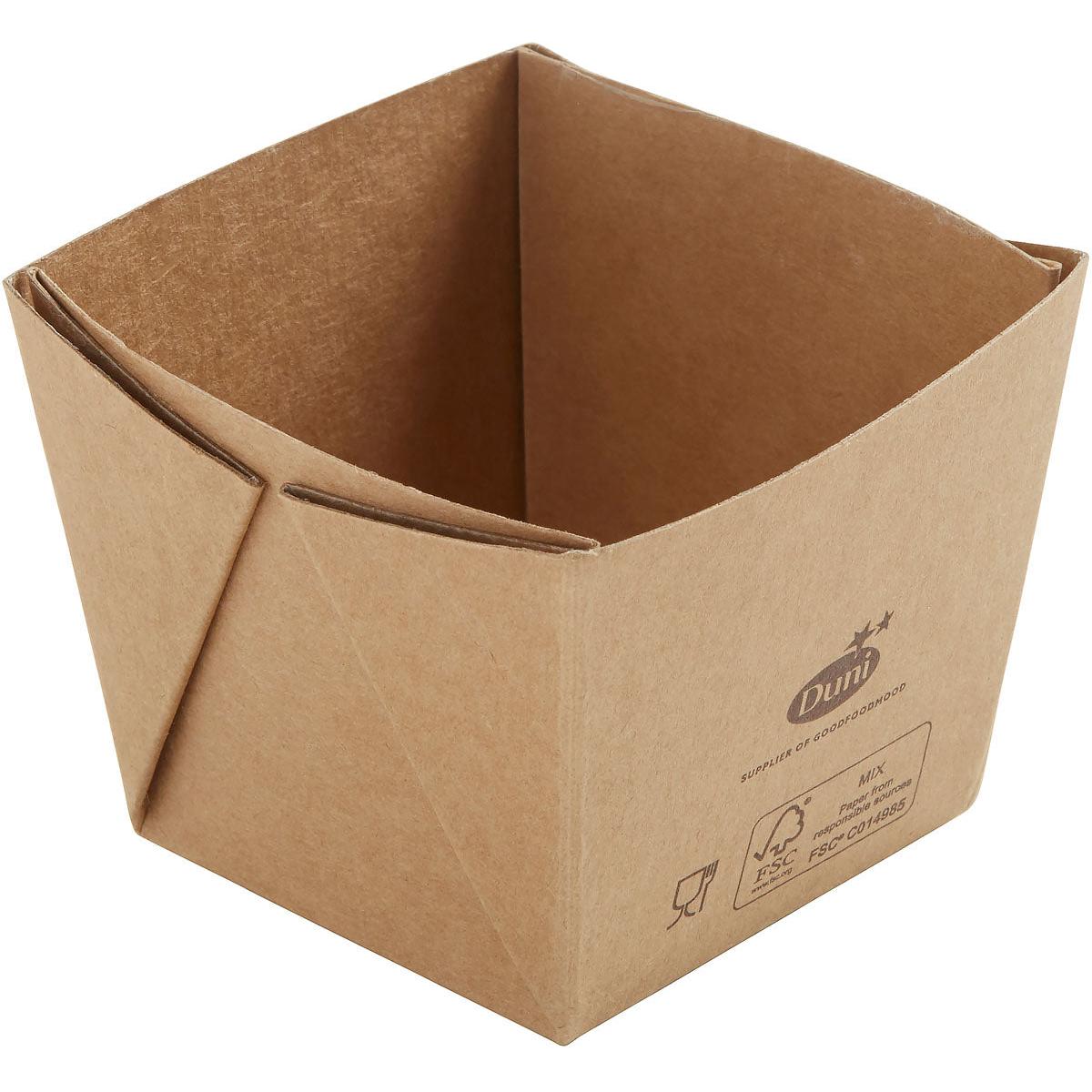 The Viking Cube Mini 250 ml from Duni GmbH is a brown, square, biodegradable food container made of cardboard/PLA (75x75x60 mm) with folded corners and printed details on one side, shown empty in an oblique top view. Package: 300 pieces.