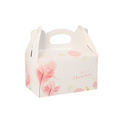 The PAPSTAR 20 pastry boxes, square made of pink cardboard with carrying handle from PAPSTAR GmbH, are ideal for stylish gift presentations – lovingly designed with floral patterns and yellow dots.