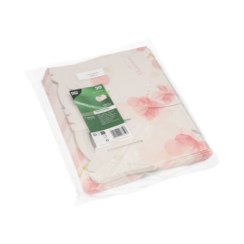 A transparent plastic packaging contains 20 PAPSTAR pastry boxes made of cardboard, square and pink with carrying handle. The green label from PAPSTAR GmbH provides product details and ensures an elegant presentation.