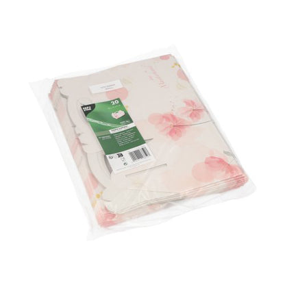 A transparent plastic packaging contains 20 PAPSTAR pastry boxes made of cardboard, square and pink with carrying handle. The green label from PAPSTAR GmbH provides product details and ensures an elegant presentation.