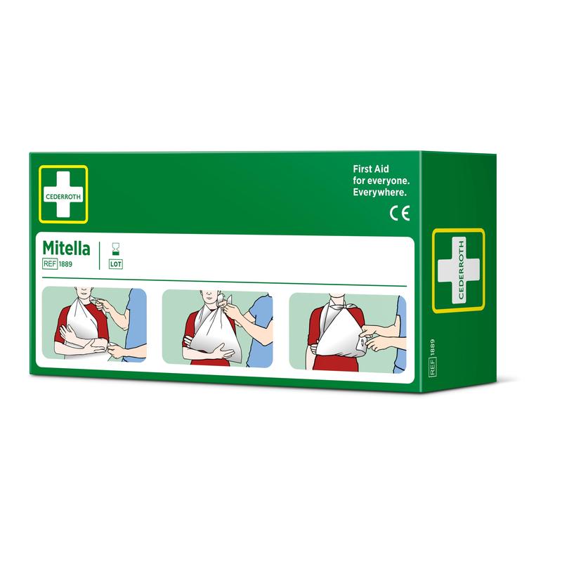A green box labeled "Triangular bandage, 2 pieces/box | Pack (2 pieces)" from Orkla Wound Care AB shows three steps for using a triangular bandage as an arm sling on a person in a red shirt, with a white cross and first aid details.