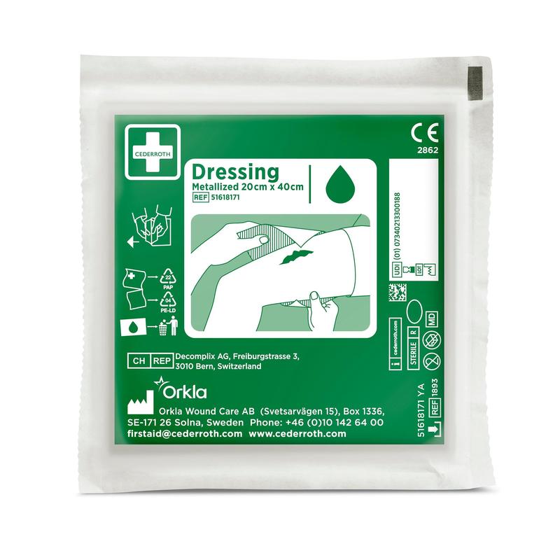 A green-white package with the label "Cederroth Netzverband | Pack (1 piece)" from Orkla Wound Care AB contains illustrated wound care instructions, product details, company information, and medical symbols on the front.