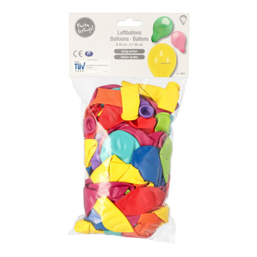 A transparent plastic bag from PAPSTAR GmbH contains 100 round, color-sorted uninflated balloons. The "Luftballons Balloons Ballons" label with balloon images ensures lasting play fun with high-quality material.
